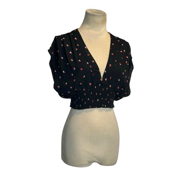 Free People black red polka dot pleated V neck crop top blouse size XS - Picture 13 of 13